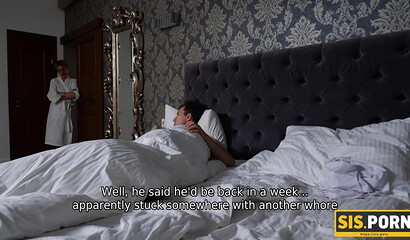 SISPORN. During dinner gal gives stepbro blowjob followed with sex on bed