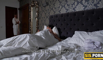 SISPORN. During dinner gal gives stepbro blowjob followed with sex on bed