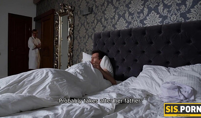 SISPORN. During dinner gal gives stepbro blowjob followed with sex on bed