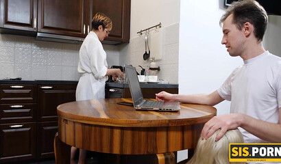 SISPORN. During dinner gal gives stepbro blowjob followed with sex on bed